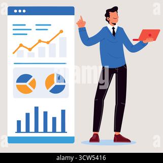 Dateneinblicke präsentieren – ein zuversichtlicher Analyst, der Trends mit einem Notebook erklärt, umgeben von modernen App-Diagrammen in einem übersichtlichen Vektorstil. Stock Vektor