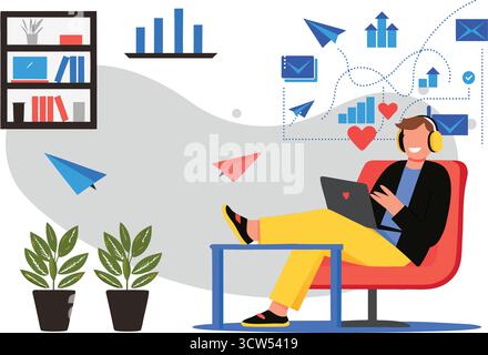 Ein Mann, der die Fernarbeit mit Kopfhörern am Laptop in der Hand genießt, umgeben von einem gemütlichen Home Office-Setup, das Fokus und Freude widerspiegelt. Stock Vektor