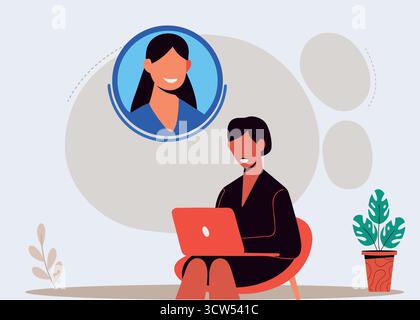 Lächelnde Frau, die sich während eines virtuellen Meetings mit einem Kollegen in einem sauberen, modernen Vektorstil verbindet. Stock Vektor