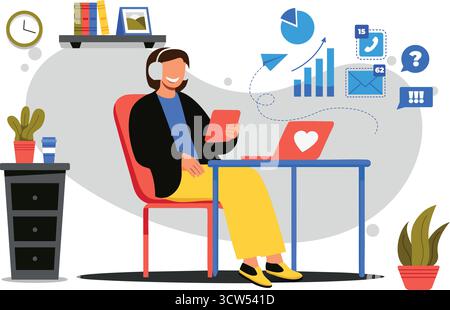 Ein fokussierter, professioneller Mitarbeiter, der von digitalen Kommunikationssymbolen und Datenfluss in einer gemütlichen, modernen Büroumgebung aus der Ferne arbeitet. Stock Vektor