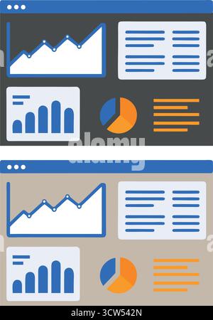 Visualisierung des Erfolgs Business-Dashboards, in dem wichtige Kennzahlen und Wachstumsanalysen mit Leistungsdiagrammen in einem klaren, klaren und modernen flachen Vektor angezeigt werden Stock Vektor