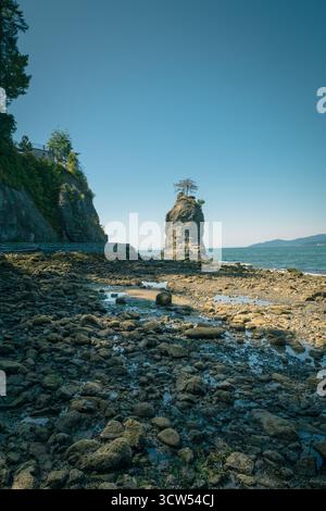 Eine einsame Felsformation erhebt sich an einer felsigen Küste bei Ebbe. Klarer blauer Himmel und ruhiges Wasser schaffen eine ruhige Atmosphäre an der Küste Stockfoto