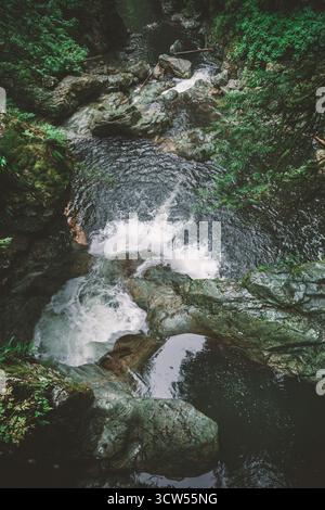 Wasser stürzt über glatte Felsen in einer üppig grünen Schlucht und schafft kleine Wasserfälle und Pools. Die Szene fängt die Schönheit der Natur in einer ruhigen Umgebung ein Stockfoto