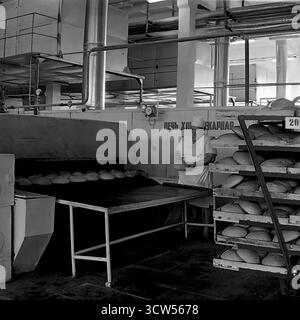 Eine Bäckerin in weißer Uniform arbeitet in einem großen industriellen Tunnelofen in der Slawjansk Brotfabrik auf diesem authentischen Foto von 1978. Sie steht zwischen dem Ofen, mit dem Schild „Backofen“ auf Russisch, und einem hohen Rollgestell, gefüllt mit frisch gebackenen runden Brotlaiben. Das Bild erfasst das menschliche Element im Herzen der mechanisierten Lebensmittelproduktionslinie und dokumentiert die wesentliche tägliche Arbeit, Brot für eine Stadt in der ukrainischen SSR zu liefern Stockfoto