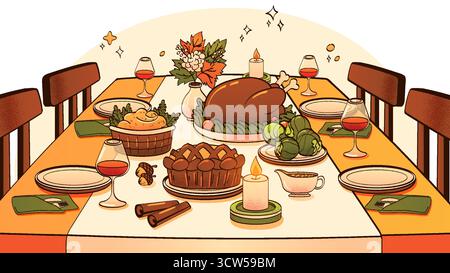 Festlicher Thanksgiving-Dinner mit gebratenem truthahn und hausgemachtem Kuchen, Herbstmitte und Weingläsern, Kerzen und saisonalen Gerichten. Warme Feiertagsszene in Orange und Braun. Stock Vektor