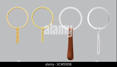 Goldene Schlüsselanhänger-Ringe mit Ketten und silbernen Kreisen mit Leder- oder Seilhaltern für Schlüssel und Accessoires. Metallschlaufen aus Messing mit Riemen und Kabelbefestigung. Werbegeschenke zur individuellen Anpassung. Stock Vektor