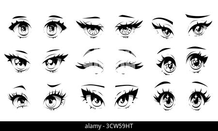 Kawaii Gesichtsausdruck-Set mit Anime-Stil - Kollektion für weibliche Augen mit verschiedenen Emotionen, verschiedenen Wimpernstilen, Irismotiven und Augenbrauen für die Gestaltung von Manga-Charakteren. Abbildungen mit schwarzer Tinte. Stock Vektor