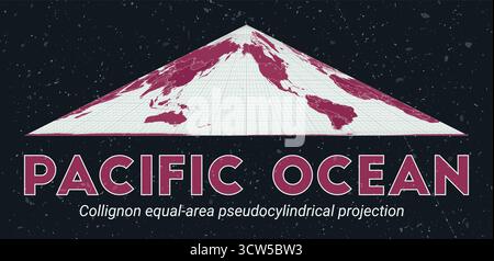 Pazifik. Weltkarte. Collignon-EQUAL-Area-pseudozylindrische Projektion im Pazifischen Ozean. Palette Pale Mint Dark Pink. Vintage-Textur. Stock Vektor