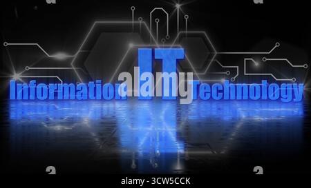 IT - Informationstechnologie blauer Schriftzug mit Reflektionseffekten auf einer strukturierten Oberfläche - 3D-Illustration Stockfoto