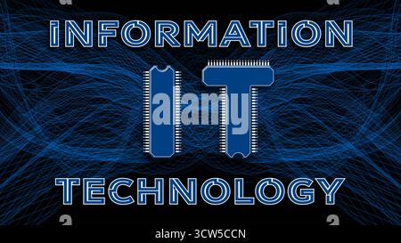 IT - Informationstechnologie. Die Buchstaben I und T in Form von Mikrochips zur Abkürzung IT auf schwarzem Hintergrund mit Rasterwellen- 3D-Illustration Stockfoto