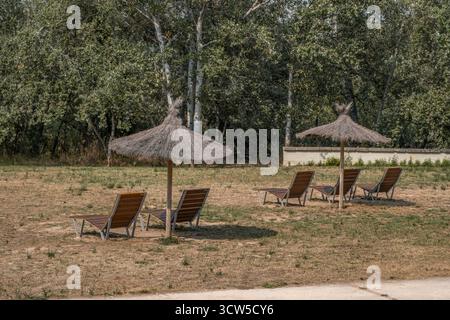 Sonnenliegen aus Holz unter traditionellen Strohschirmen im Erholungsbereich des Parks. Friedliche Entspannungszone im Freien mit Bäumen. Ideal für Reisen und Freizeit. Stockfoto