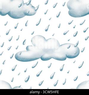 Fröhliche Karikatur-Regenwolken mit herabfallenden Tropfen in nahtlosem Muster, gefertigt mit weichen Aquarellwaschungen und strukturierten farbigen Bleistiften. Für Kinder Stockfoto