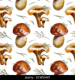 Nahtloses Herbstmuster mit Pfifferlingen, braunem Birkenboletus, rotem Kappenboletuspilz mit Kiefernnadeln, die als Symbole der herbstlichen Gelassenheit dienen Stockfoto