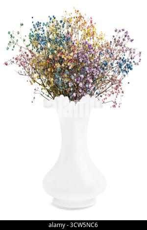 Ein Haufen bunter trockener gypsophila-Blüten in weißer Vase isoliert über weiß Stockfoto