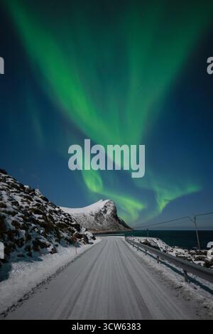 Nordlichter über verschneite Landstraße, Lofoten-Inseln, Norwegen Stockfoto