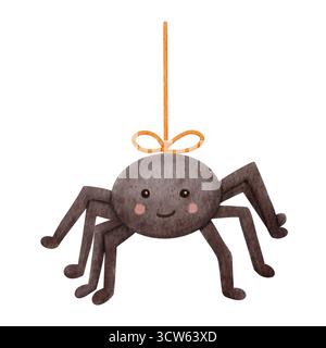 Aquarell Halloween hängende Spinne Illustration. Handgemalte süße schwarze Spinne auf orangefarbenem Garn isoliert auf weiß. Ideal für Halloween-Karte, Poster Stockfoto