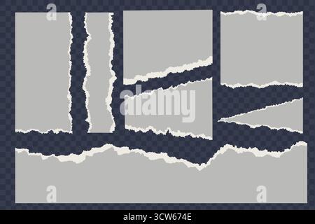 Zerrissenes Papier mit abgerissenen Kanten auf grauem Hintergrund. Reißen Sie Blechstücke ab. Notizbuchseiten für Collage und Scrapbooking. Vintage-Vorlage mit rauen Elementen Stock Vektor