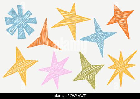 Handgezeichnete Sterne mit Buntstift-Textur. Skizze mit Bleistiftlinien. Vektor süße Formen für Collagen wie Kinderzeichnungen. Doodle Schulillustrationen von Funkeln Stock Vektor
