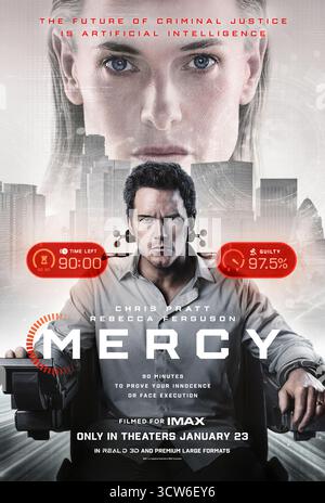 Mercy (2026) unter der Regie von Timur Bekmambetov mit Chris Pratt, Rebecca Ferguson und Annabelle Wallis. In einer Welt der nahen Zukunft, in der Verbrechen von künstlicher Intelligenz angeklagt wird, muss ein Detective, der des Mordes an seiner Frau beschuldigt wird, seine Unschuld in 90 Minuten beweisen, bevor ein KI-Richter über sein Schicksal entscheidet. NUR ZUR REDAKTIONELLEN VERWENDUNG des US-Advance-Posters. Quelle: BFA / Amazon MGM Studios Stockfoto