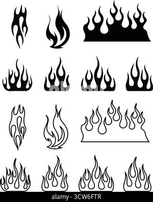 Flammen-Silhouetten-Vektor-Set - klassischer Stil der 90er Jahre, Motorrad & Hot Rod Auto, Old School Retro Tattoo, Schwarz-weiß-Outline Stock Vektor
