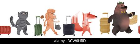 Niedliche nahtlose Borte mit Zeichentricktieren (Katze, Pudel, Fuchs, Bär) und Koffern. Perfekt für Kinderdekorationen, Reisemotive oder Kinderzimmer. Ideal für Stockfoto