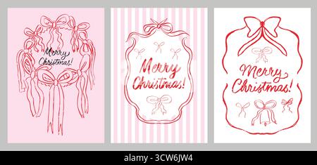 Weihnachtsgrußkarten im Retro-Stil in staubigen Rosa- und Rottönen. Trendige Schleifen, kritzelnde Grafiken, gestreifte Muster. Stock Vektor
