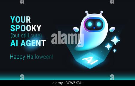AI Halloween Ghost Agent - Künstliche Intelligenz Konzept Vektor Illustration - niedlicher Geist AI Agent gruselig aber freundliches Design, für Technologie Banner Stock Vektor