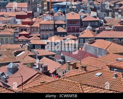 Dichte Dächer des historischen Zentrums von Porto, Portugal - aus der Nähe der dichten Ansammlung traditioneller Häuser mit Terrakottadächern Stockfoto