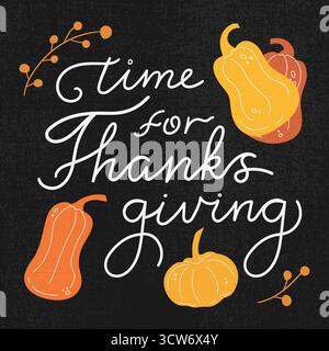 Mindest Thanksgiving Day Grußkarte mit handgezeichneter Kalligraphie Kürbisse und Beeren. Vektorabbildung Stock Vektor