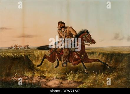 Historische Illustration von Nathaniel Currier und Arthur Fitzwilliam Tait mit dem Titel A Prairie Hunter – One rubbed out, American Frontier Scene aus dem 19. Jahrhundert. Stockfoto