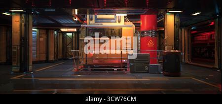 3D-Panorama-Illustration einer futuristischen Fantasy-Raumstation oder eines Schiffes. Stockfoto
