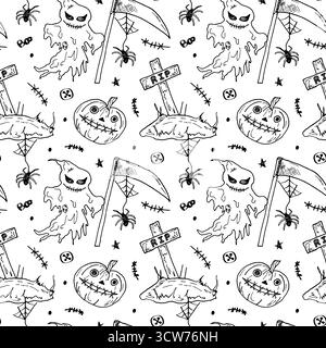 Nahtloses Halloween-Muster mit gruseligen Geistern, Gräbern, Spinnen und Kürbissen. Entwerfen Sie mit Umrisszeichnungen im Doodle-Stil. Fertiges Design für festliche Verpackungen, Stoffe, Banner und Geschenkpapier. Stock Vektor