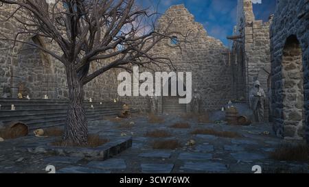 Gruseliger Innenhof mit menschlichen Knochen in einem alten mittelalterlichen Kloster oder Schloss. 3D-gerenderte Abbildung. Stockfoto