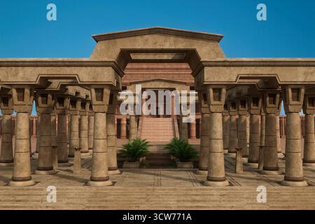Alte ägyptische Palastgebäude mit Steinsäulen und Zierteich. 3D-gerenderte Abbildung. Stockfoto