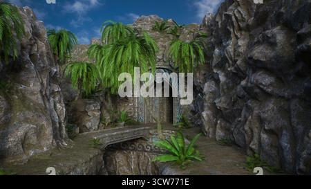 Steinbrücke, die zu einem alten Fantasy-Höhleneingang in einem Berg führt. 3D-gerenderte Abbildung. Stockfoto