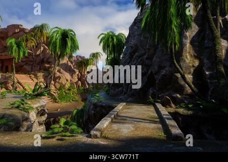 Fantasy-Landschaft mit Steinbrücke über einen Abgrund in den Bergen und Stufen, die zu Tempelruinen im Hintergrund führen. 3D-gerenderte Abbildung. Stockfoto