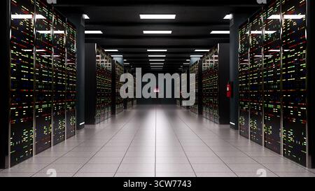 Reihen von Computergeräten in einem dunklen IT-Serverraum. 3D-gerenderte Abbildung. Stockfoto