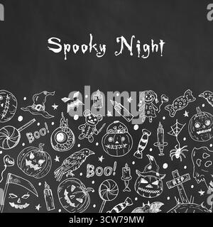 Quadratisches Hintergrunddesign mit Halloween-Doodle-Illustrationen auf einer Tafel. Kürbis, Kerze, Krähe, Grab, Süßigkeiten, Spinnen. Banner für ein gruseliges Halloween mit Platz für Text Stock Vektor