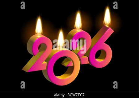 2026 Happy New Year Banner, 2026 beleuchtete Kerze 3D bunte Zahlen mit Feuer, Frohe Weihnachten, festliche Weihnachtskarte, Einladung auf schwarzem Hintergrund, Kopie Stock Vektor