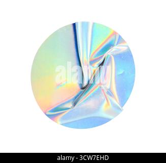 Holographischer metallischer Kanalaufkleber mit bunter welliger Oberfläche und transparentem Effekt auf irisierenden hellen Hintergrund, isoliert Stockfoto