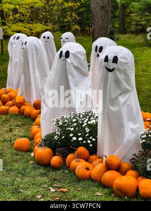 Halloween Geisterdekorationen mit Kürbissen weiß Mums Outdoor Yard Display Spooky Rasen Ornamente Herbst Garten Party Setup Szene. Ultrahohe Auflösung Stockfoto