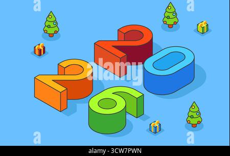 Neujahr 2026 Poster mit isometrischen Zahlen, Weihnachtsbäumen und Geschenken Stock Vektor