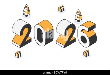 Neujahr 2026 Poster mit isometrischen Zahlen, Weihnachtsbäumen und Geschenken. Einfaches Poster in Gelb und Schwarz Stock Vektor