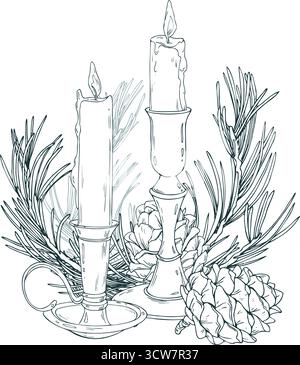 Eine festliche Komposition zweier brennender Kerzen in Haltern mit Tannenzapfen und Fichtenzweigen. Diese Schwarzweiß-Illustration ist ideal für digitale Anwendungen Stock Vektor