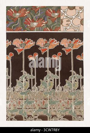 Diese Lithografie mit dem Titel „Oriental Poppies“ von Alphonse Mucha ist ein beeindruckendes Beispiel für botanischen Jugendstil-Design, das Ende des 19. Jahrhunderts geschaffen wurde. Stockfoto
