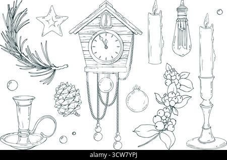 Ein ausgedehntes Urlaubsset mit Kuckucksuhr, Perlen, Kerze, Birne, Tannenzweigen, und Ornamente. Diese komplizierte Strichkunst ist ideal für Unikate Stock Vektor