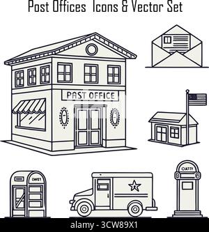 Symbolsatz „Post Office“ – Sammlung von Vektoren für Post, Postdienst, Brief, Zustellung und Kommunikation Stock Vektor