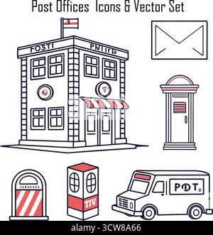 Symbolsatz „Post Office“ – Sammlung von Vektoren für Post, Postdienst, Brief, Zustellung und Kommunikation Stock Vektor