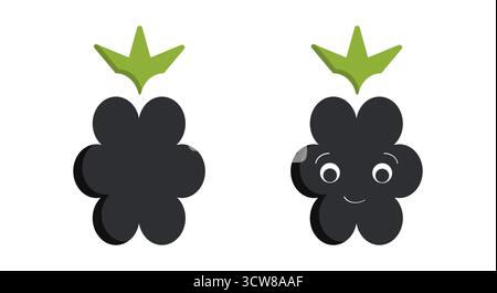 Das Kunstwerk zeigt zwei Stilsymbole aus Brombeeren, von denen eine einen fröhlichen Ausdruck hat. Jedes Symbol zeigt unterschiedliche Formen und grüne Blätter auf der Oberseite, die ihr verspieltes Design betonen. Stock Vektor