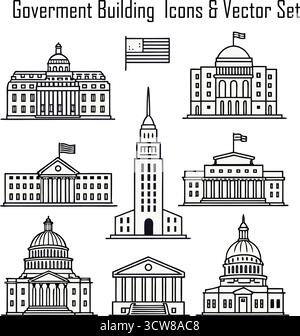 Symbole Für Regierungsgebäude – Parlament, Kapitol, Gericht, Rathaus, Offizielle Architektursymbole Stock Vektor